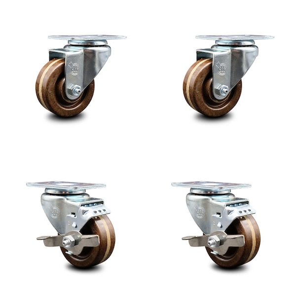 3 Inch High Temp Phenolic Wheel Swivel Top Plate Caster Set with 2 Brakes SCC
